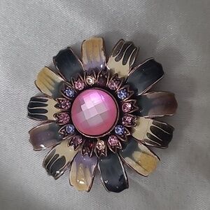 Flower pin pink gray yellow rhinestones